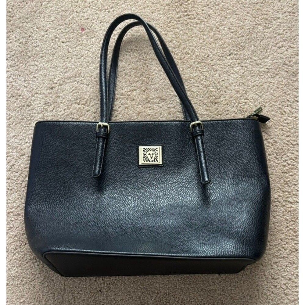 Anne Klein Black Pebbled Faux Leather Tote Large Shoulder Bag - Gold Hardware